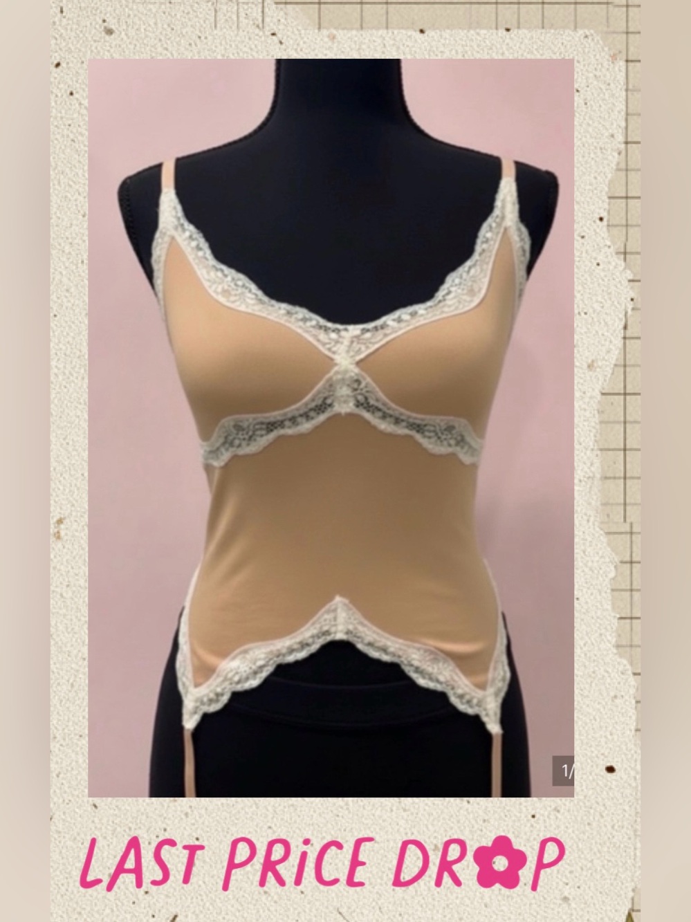 Forever 21 Nude Camisole with White Lace Trim and Garter Straps